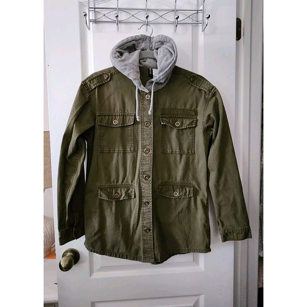 Divided H&M Womens Military Style Cargo Jacket Army Green Hooded Size 4
